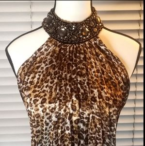 Beaded Choker Halter Backless Dress Leopard Print